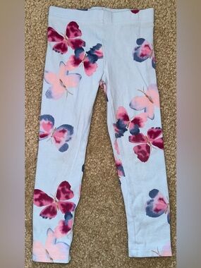 Girls Light Blue Butterfly Print Leggings - Pink & Navy Accents